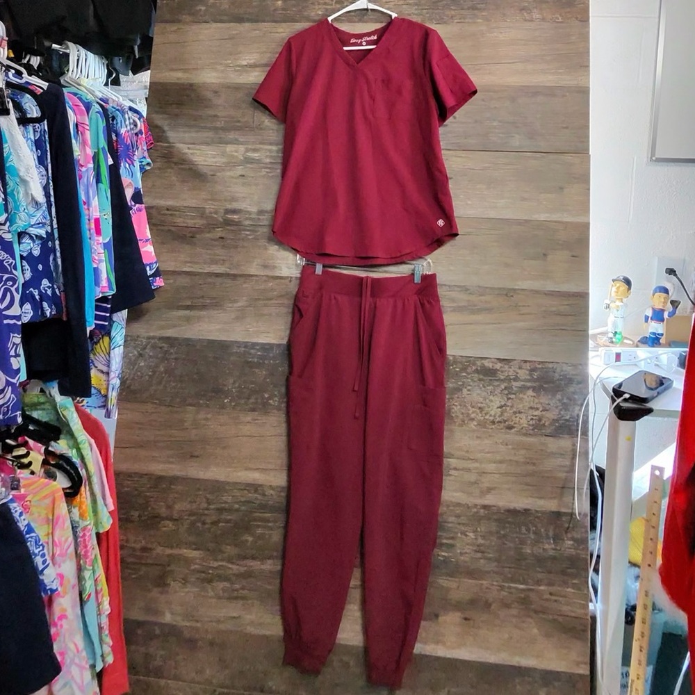 Easy Stretch Women's Maroon Scrub Top and Jogger Pants Set